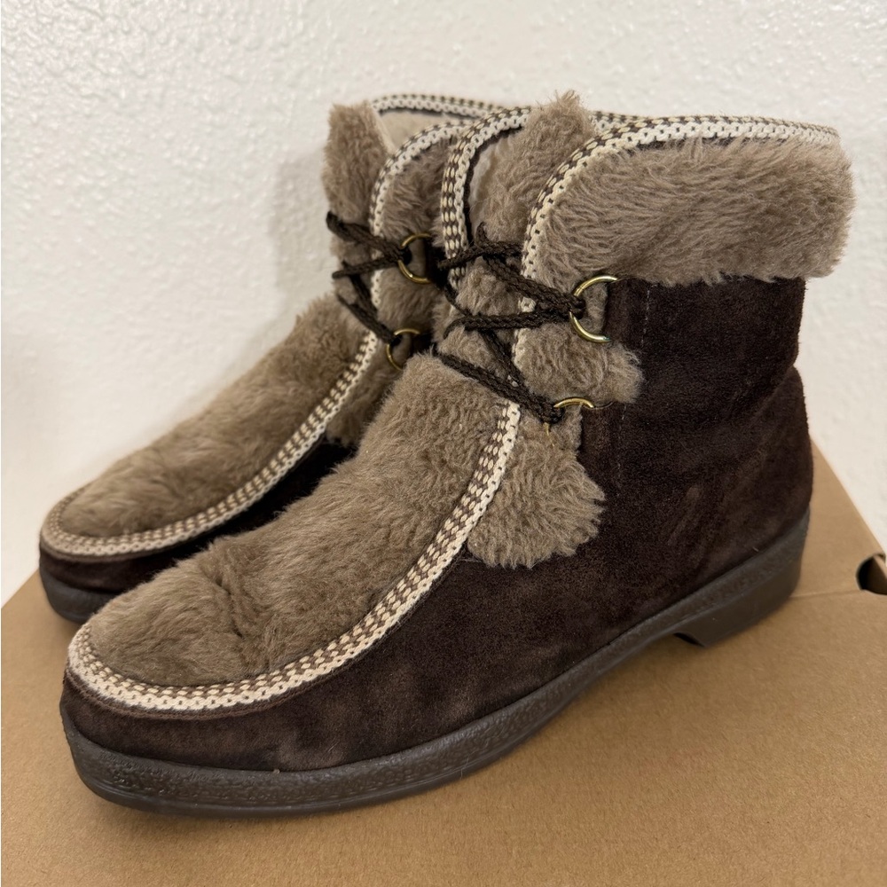 vintage Yodelers brown suede faux-fur lined ankle boots winter snow 1970s  Sz 9